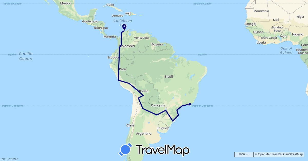 TravelMap itinerary: driving in Argentina, Bolivia, Brazil, Colombia, Peru (South America)